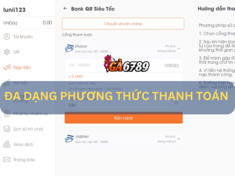 Phương thức nạp tiền GA6789 nhanh chóng, an toàn